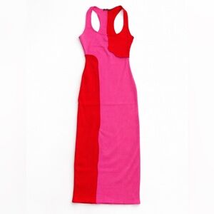 Naked Wardrobe Ribbed Colorblock Bodycon Midi Dress Pink Red Racerback Size XL